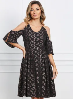 Rochie Moze neagra din brocard cu tull la umeri