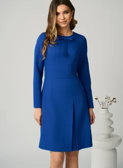 Rochie Moze office din stofa albastra cu funda la decolteu