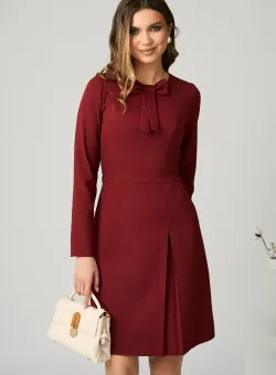Rochie Moze office din stofa bordo cu funda la decolteu