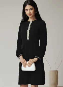 Rochie Moze office din stofa neagra cu maneci din voal si broderie pe bust
