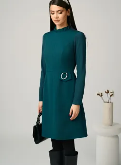 Rochie Moze office din stofa verde cu maneci din tricot si catarama in talie