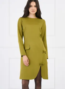 Rochie Moze office din stofa verde lime cu funde si crepeu pe fusta