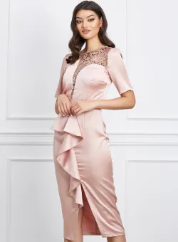 Rochie Moze roz cu paiete la bust si volan pe fusta