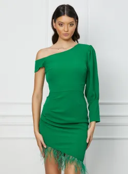 Rochie Moze verde cu pene la baza si lungime asimetrica