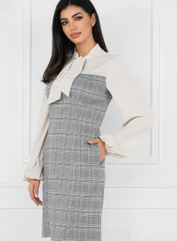 Rochie office din stiofa cu carouri si bust bej din voal