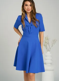 Rochie office din stofa albastra cu funda la bust