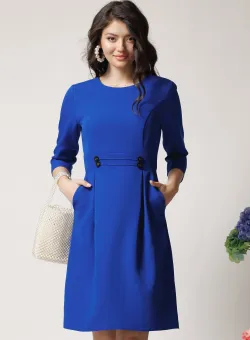 Rochie office din stofa albastra cu nasturi in talie