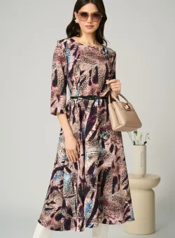 Rochie office din stofa bej cu animal print si curea in talie