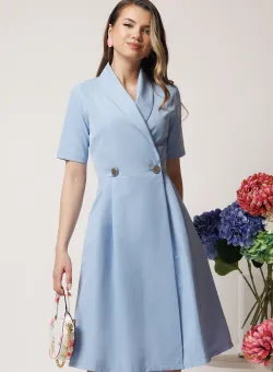 Rochie office din stofa bleu cu croi petrecut si nasturi in talie