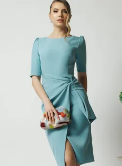 Rochie office din stofa bleu cu funda in talie