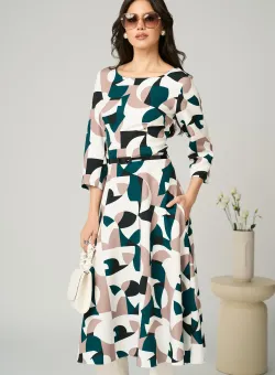 Rochie office din stofa cu imprimeu verde-maro si curea in talie