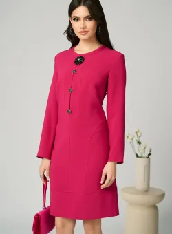 Rochie office din stofa fucsia cu accesoriu si nasturi