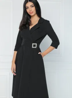 Rochie office din stofa neagra cu catarama in talie