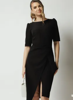 Rochie office din stofa neagra cu funda in talie