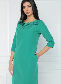 Rochie office din stofa verde accesorizata cu floricele la bust