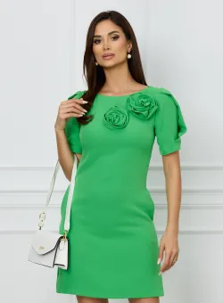 Rochie office din stofa verde cu flori maxi pe bust