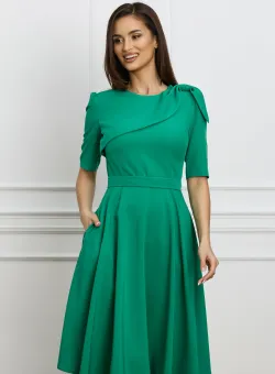 Rochie office din stofa verde cu funda pe umar