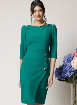 Rochie office din stofa verde cu nasturi pe fusta