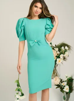 Rochie office din stofa verde mint cu funda in talie