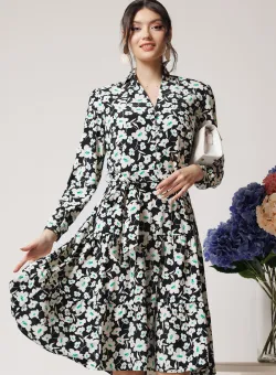 Rochie office din triplu voal neagra cu floricele si cordon in talie
