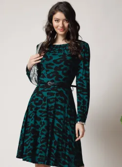 Rochie office din viscoza verde cu imprimeuri negre si curea in talie
