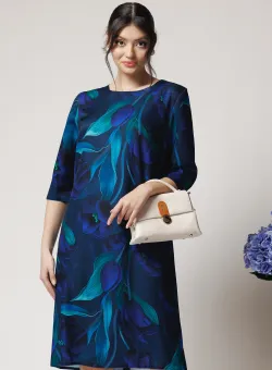 Rochie office din voal satinat bleumarin cu imprimeu verde