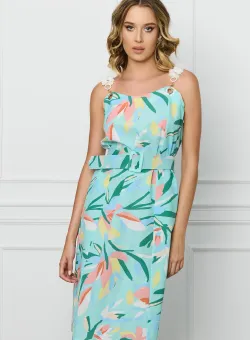 Rochie Ranya bleu cu imprimeu floral peach si curea in talie