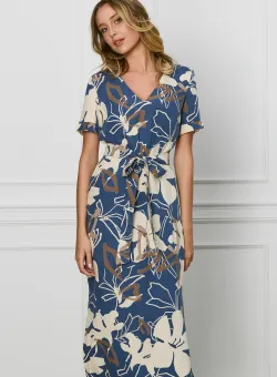 Rochie Sara bleumarin cu imprimeuri si cordon in talie