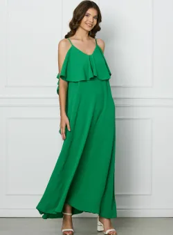 Rochie Sara verde lunga cu volane