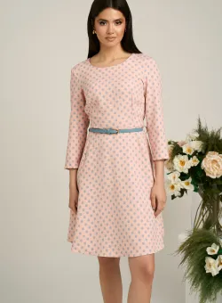 Rochie scurta roz cu buline gri si curea in talie