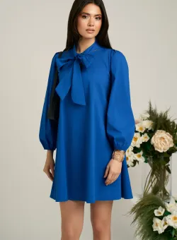 Rochie smart-casual din bumbac albastra cu funda