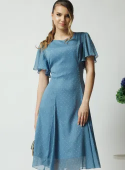 Rochie vaporoasa din voal bleu cu picatele si maneci scurte fluture
