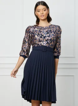 Rochie Veronica bleumarin cu glitter auriu la bust si curea in talie