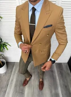Sacou barbati slim fit 2 randuri de nasturi maro 11865 53-4