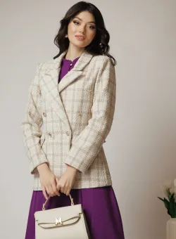 Sacou office din tweed bej cu carouri
