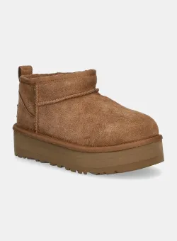 UGG cizme de zapada din piele intoarsa CLASSIC ULTRA MINI PLATFORM culoarea maro