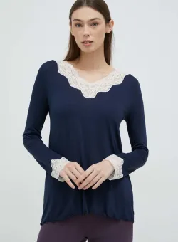 United Colors of Benetton longsleeve de pijama culoarea albastru marin