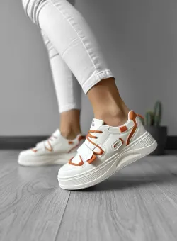 Adidasi dama casual cu talpa inalta albi cu orange CL2333 T7-1