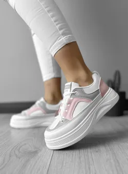 Adidasi dama casual cu talpa inalta albi cu roz CL2309 N6-3