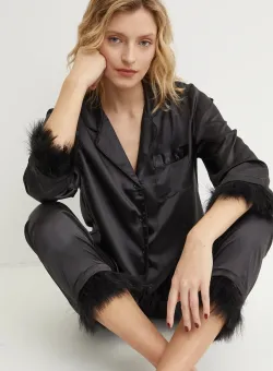 Answear Lab pijama femei, culoarea negru, satin