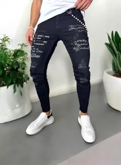 Blugi barbati conici negri cu stikere 0061 H4-7