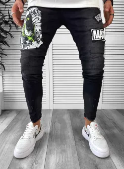 Blugi barbati conici negri cu stikere 1288 G2-5