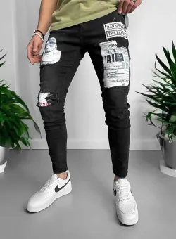 Blugi barbati conici negri cu stikere 1425 H5-5