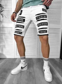 Blugi barbati scurti conici albi cu stikere 4064 H2-4.2