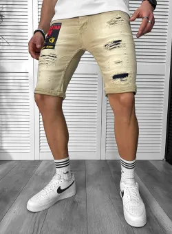 Blugi barbati scurti conici bej cu stikere 7044 H6-4