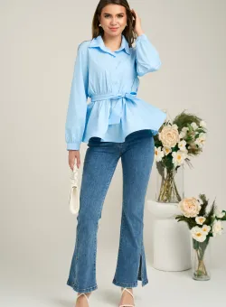 Blugi casual din denim albastri evazati cu decupaj la baza