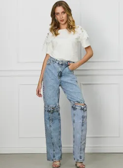 Blugi Corina albastri cu decupaje si fermaore la genunchi