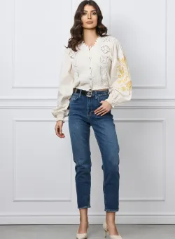 Blugi Erika albastri cu buzunare si curea