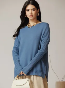 Bluza casual din tricot bleu cu maneci reiate