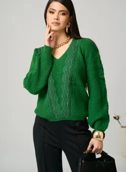Bluza casual din tricot verde cu dantela